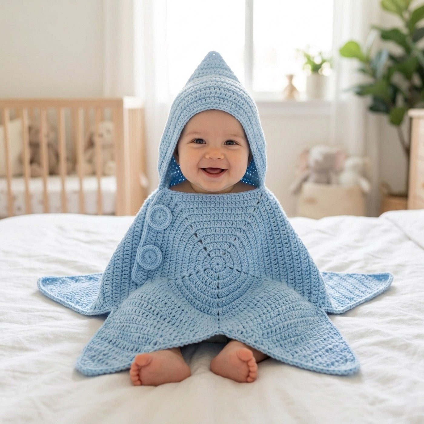A smiling baby on a white bed wearing the blue hooded StarSnuggy star swaddle